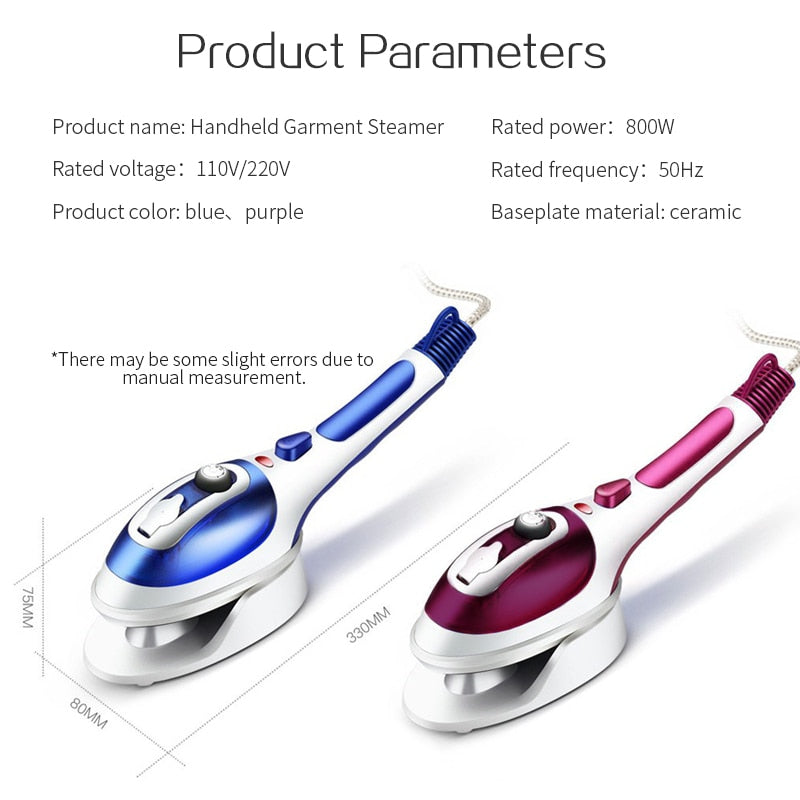 800w Handheld Garment Steamer Portable Home and Travel Fabric Steamer Fast Heat Up Removable Water Tank Steam Iron